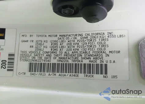 2006 Toyota Tacoma z USA, uszkodzony, nr VIN 5TENX22N96Z274540